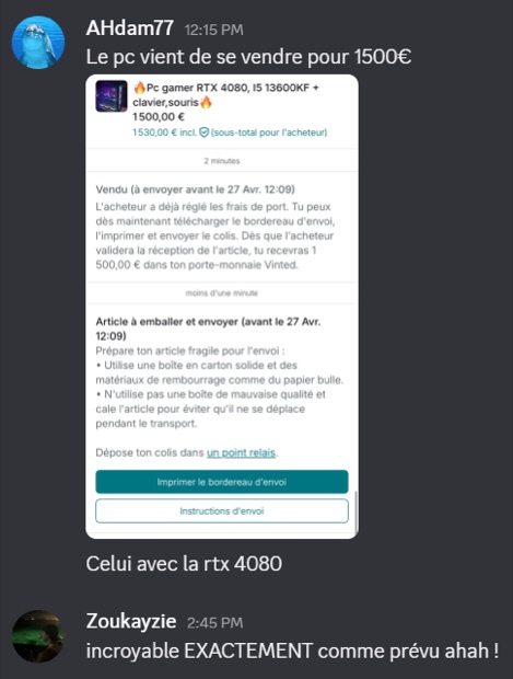 Capture n°106 : résultat publié par un membre dans le canal benef