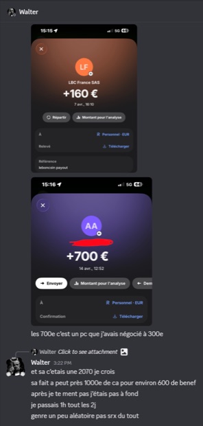 Capture n°107 : résultat publié par un membre dans le canal benef