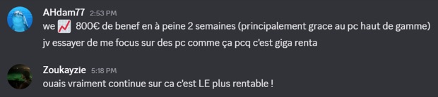 Capture n°108 : résultat publié par un membre dans le canal benef