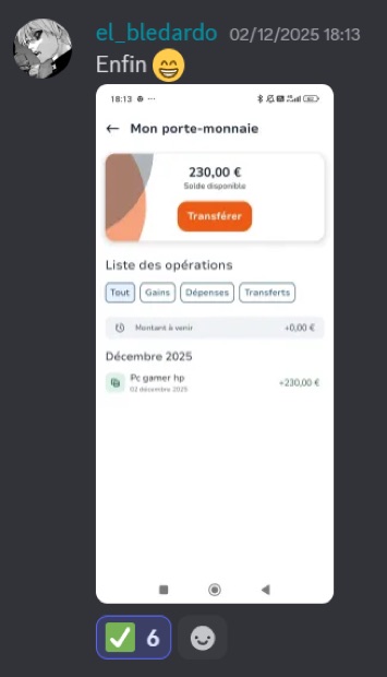 Capture n°109 : résultat publié par un membre dans le canal benef