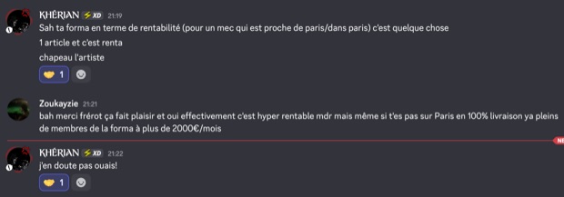 Capture n°114 : résultat publié par un membre dans le canal benef