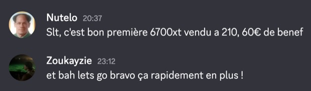 Capture n°118 : résultat publié par un membre dans le canal benef