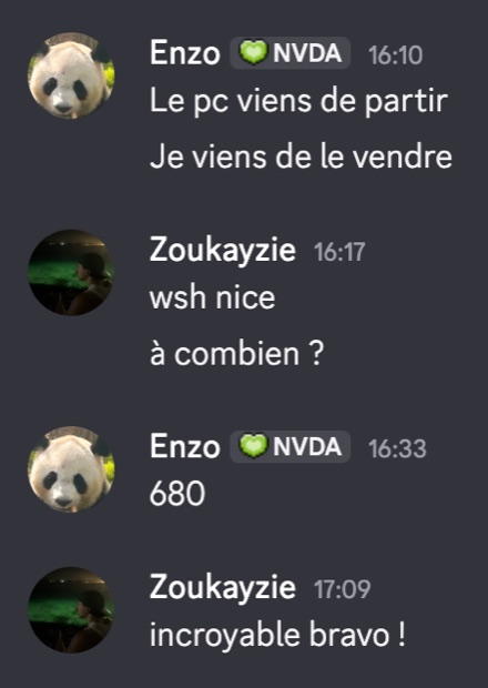 Capture n°120 : résultat publié par un membre dans le canal benef