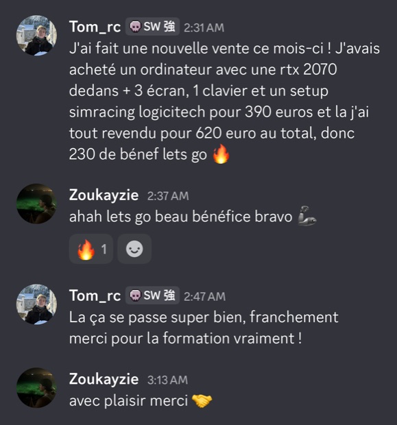 Capture n°121 : résultat publié par un membre dans le canal benef