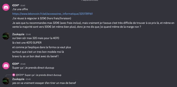 Capture n°122 : résultat publié par un membre dans le canal benef