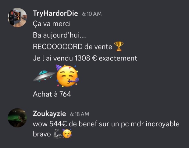 Capture n°123 : résultat publié par un membre dans le canal benef
