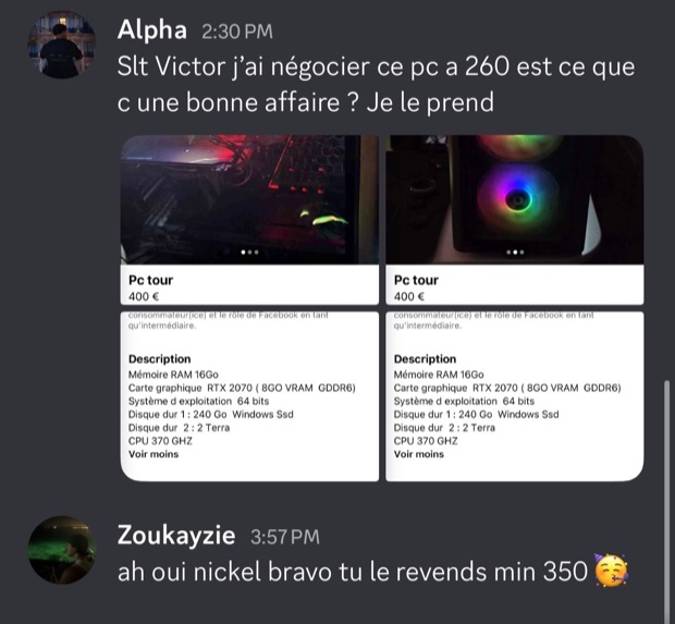 Capture n°124 : résultat publié par un membre dans le canal benef