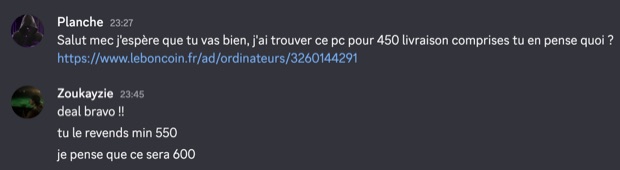 Capture n°126 : résultat publié par un membre dans le canal benef