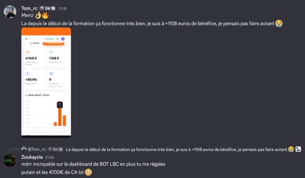 Capture n°128 : résultat publié par un membre dans le canal benef
